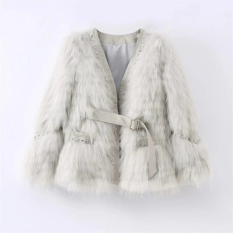 L / light grey Pudi Women Real Fox Fur Coat Jacket Over Size Lady Female Fashion Winter Warm Genuine Leather Coats Parka Z21M23