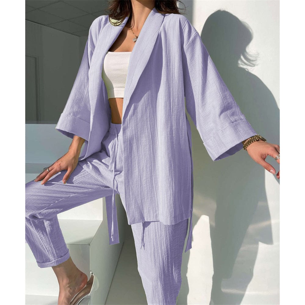 L / Light Purple Bclout/QINSI 2023 Summer Trousers Outfits Long Sleeve Loose Shirt Tops And High Waist Pants Two Piece Set Women Casual Tracksuit
