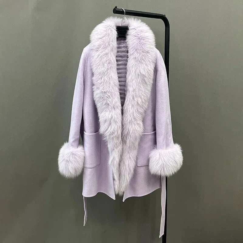 L / Light Purple New Fashion Winter Warm Light Purple Long Genuine Cashmere Wool Coat Women with Fox Fur Collar Cuffs