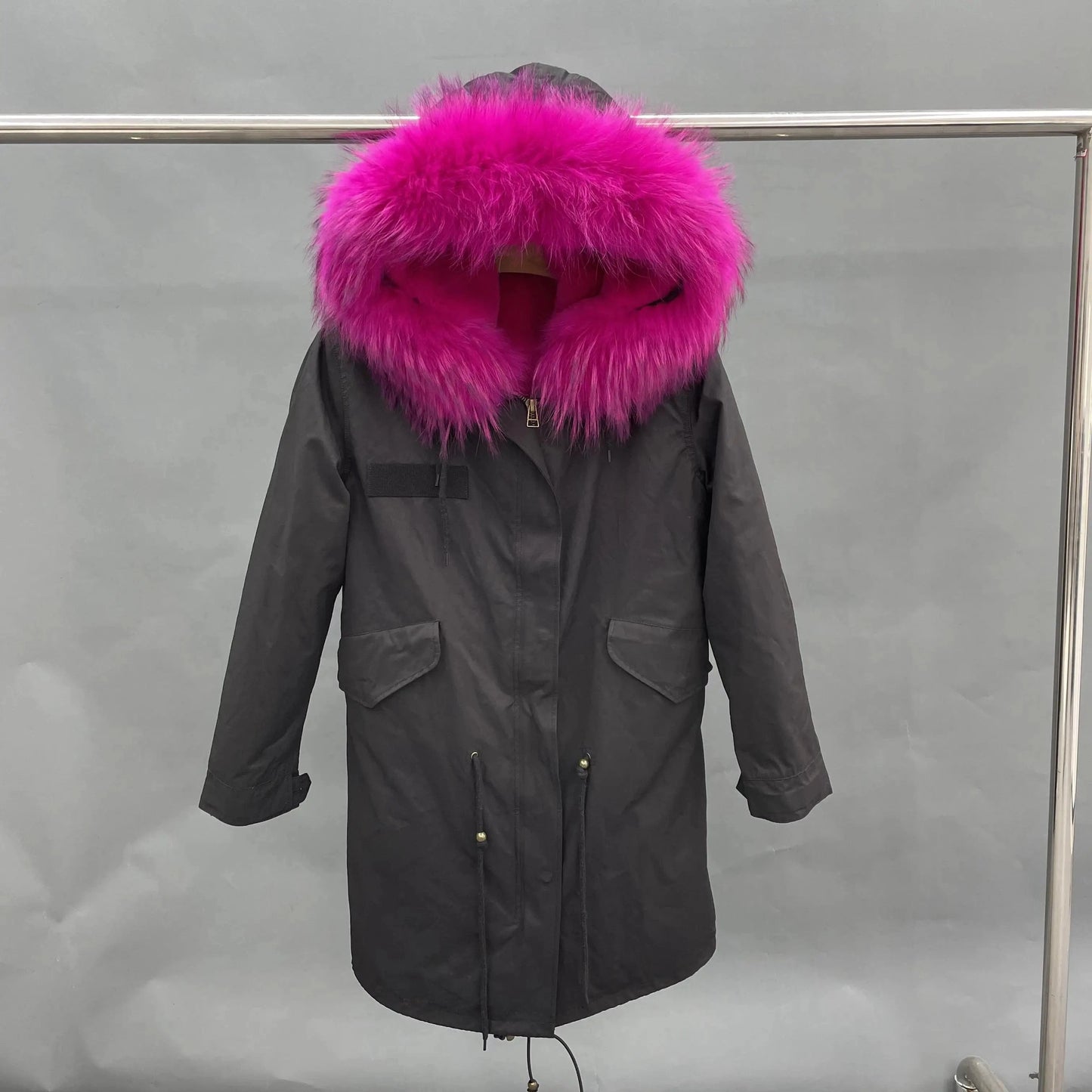 L / Long black +hot pink fur Wholesale Lady Hoodies Warm Plus Size Winter Fur Parka