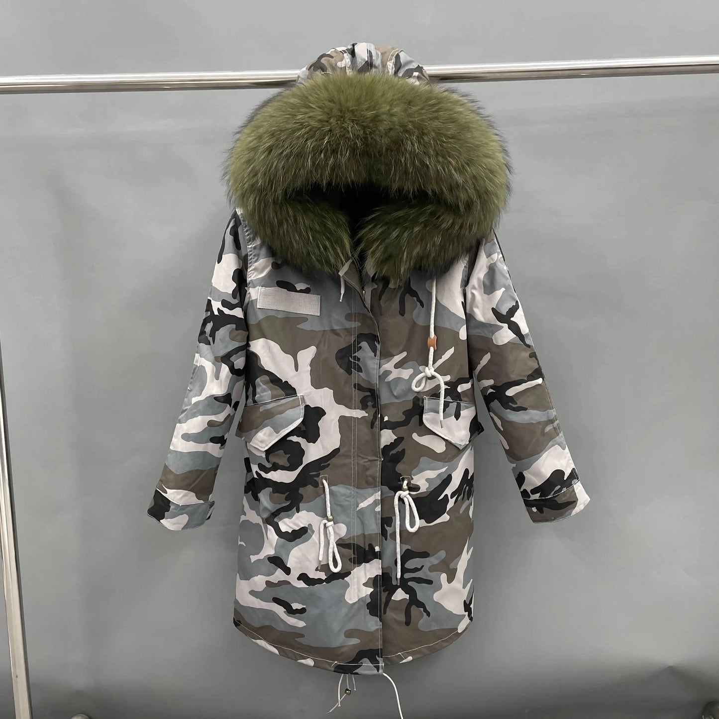 L / Long gray camouflage+ army green fur Wholesale Lady Hoodies Warm Plus Size Winter Fur Parka