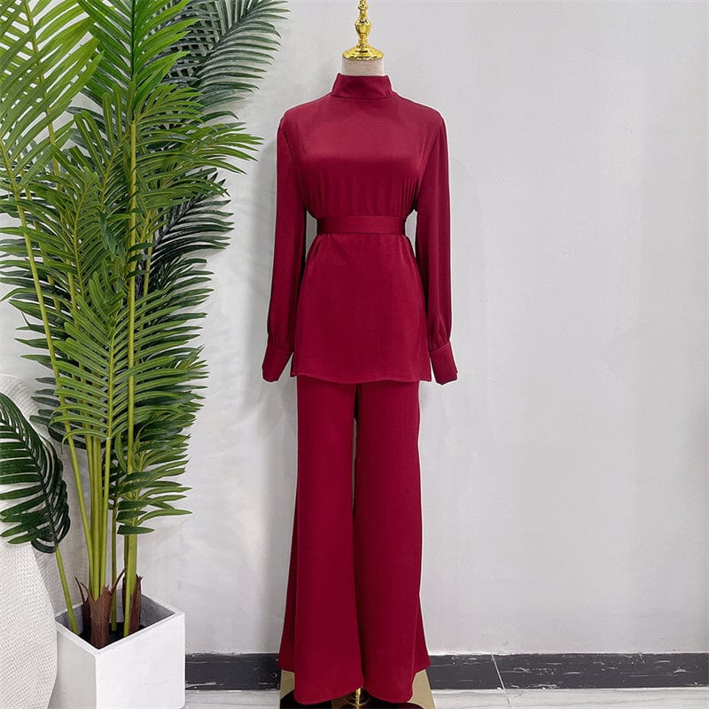 L / maroon Co Ord 2 Piece Satin Silk Suit Muslim Islamic Clothing T-shirt Match Pockets Pants Malaysia Borong Abaya Baju Kurung