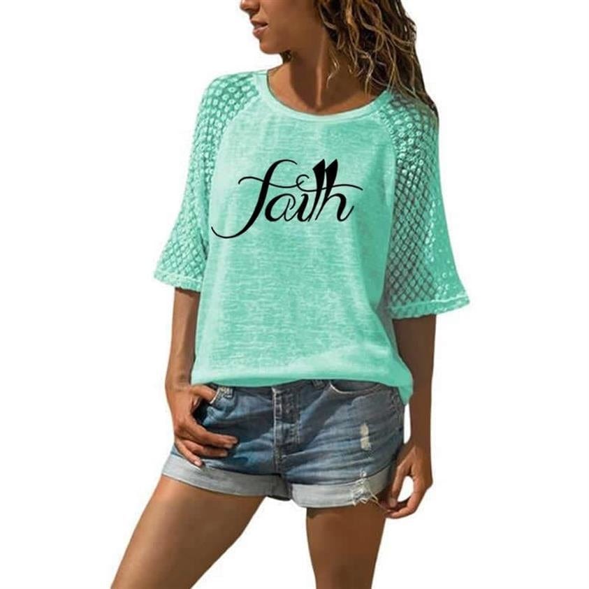 L / MINT Fashion Faith Letters Print Lace Crew Neck T Shirt T Shirt For Women Top T Shirt Women Graphic Tees Women Streetwear Summer