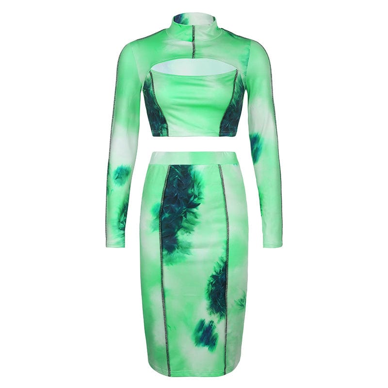 L / MINT Spring 2023 Tie Dye Color Contrast Printing Cut Out Zipper Long Sleeve Blouse Match Bodycon Midi Skirt 2 Piece Set