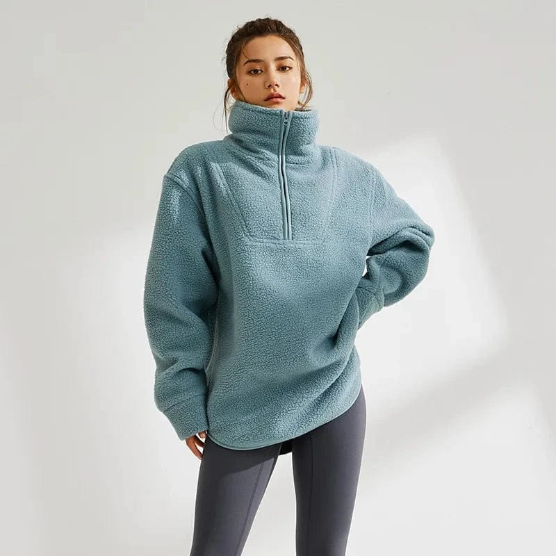 L / MINT Wholesale half Zipper Lapel Sweats Teddy Soft Fabric fleece mock neck sweatshirt for Women Sports