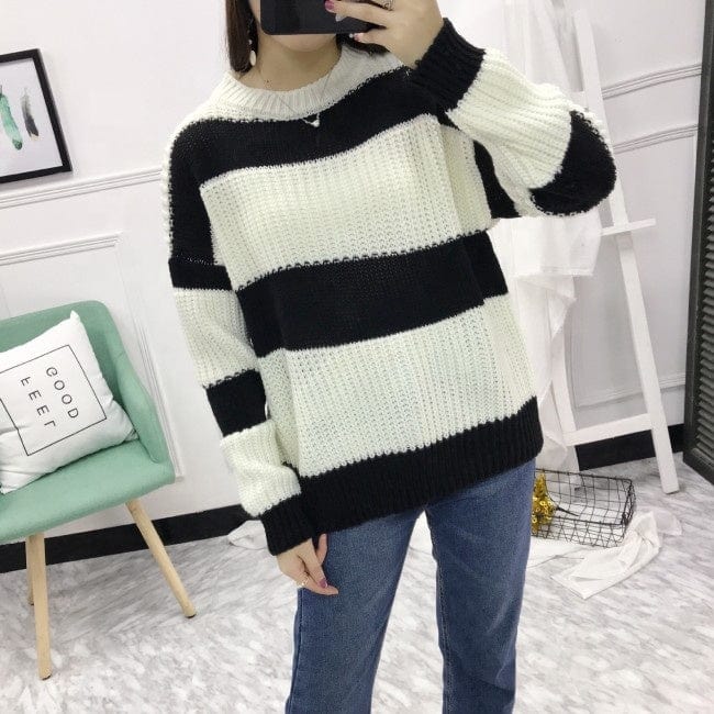 L / Model 01 Cheap Crew Neck Long Sleeve Stripe Knitted Women Woolen Sweater