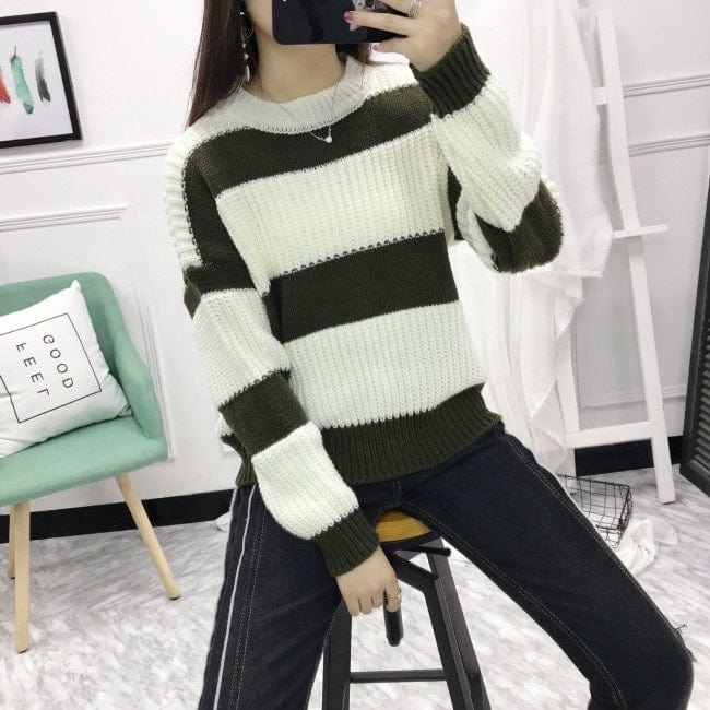 L / Model 013 Cheap Crew Neck Long Sleeve Stripe Knitted Women Woolen Sweater