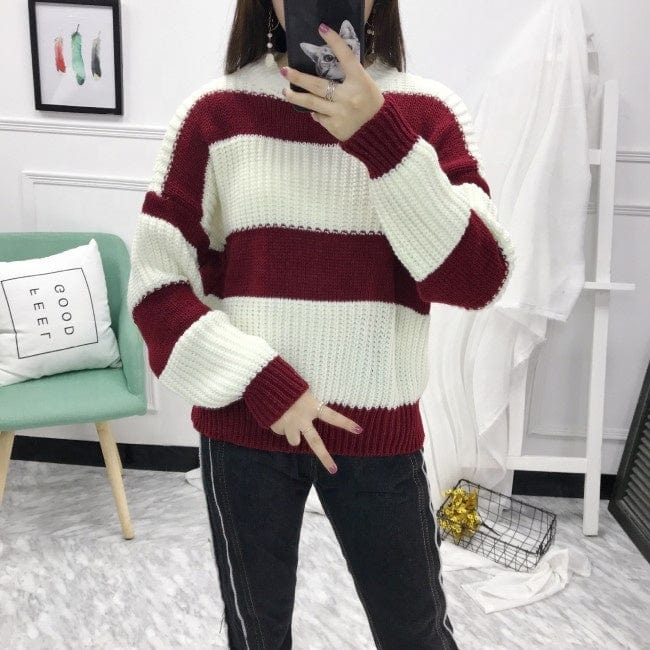 L / Model 014 Cheap Crew Neck Long Sleeve Stripe Knitted Women Woolen Sweater