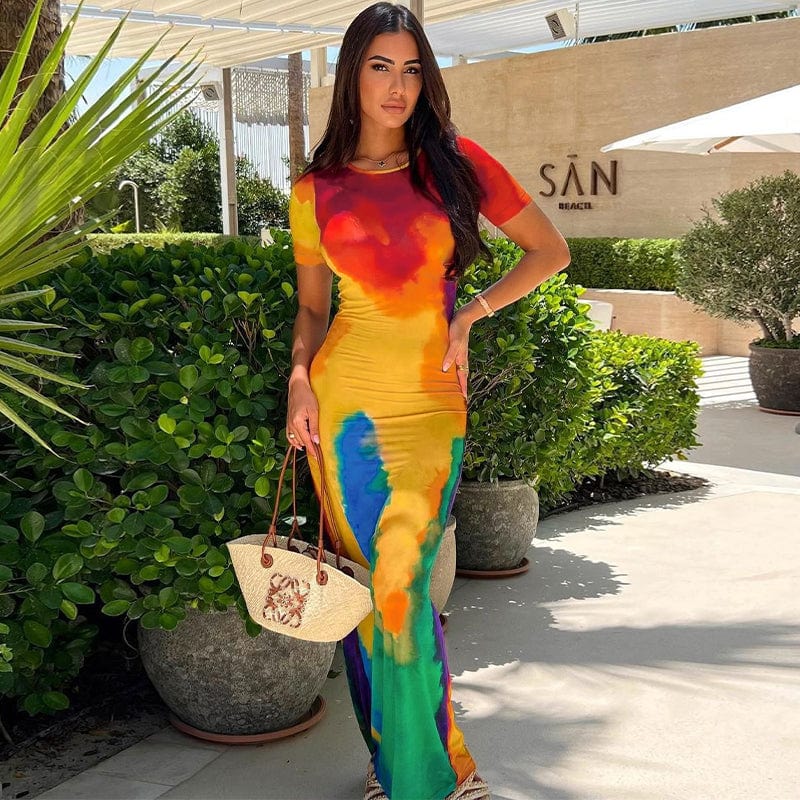 L / Multicolor Lagerfe 3318 O Neck Short Sleeve Tie Dye Print Multicolor Elegant Women'S Dresses Summer Autumn Casual Dresses Dropshipping