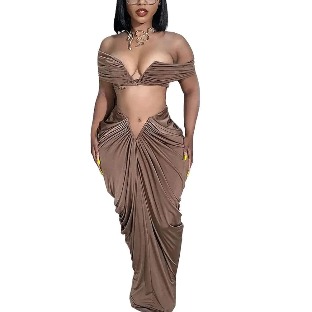 L / MY24ST131  Coffee CUTENOVA MY24ST131 2024 PU Sexy Slit Leather Club Streetwear Women Skirt Set 2 Piece Women's Sets