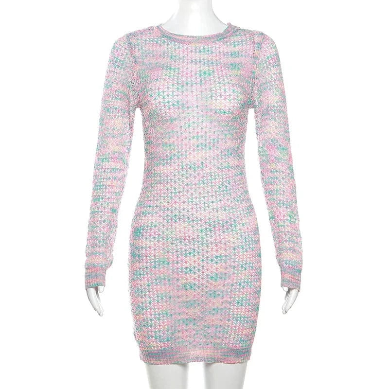 L / MY2DS021 Colorful cutenova MY2DS021 2024 New INS Sexy Hollow Knitted Contrast Color Dress Mini Dresses women
