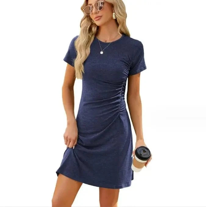 L / NAVY 2024 New Fashion Summer Best-Selling Women's Solid Color O-neck Shirt Dress Pleated Slim Fitting Short Sleeve Dresses