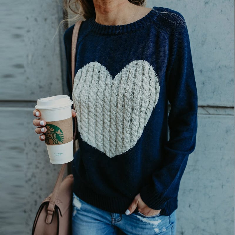 L / Navy blue Autumn Winter Matching New Women's Knitwear Round Neck Fashion Pullover Love Sweater For Women