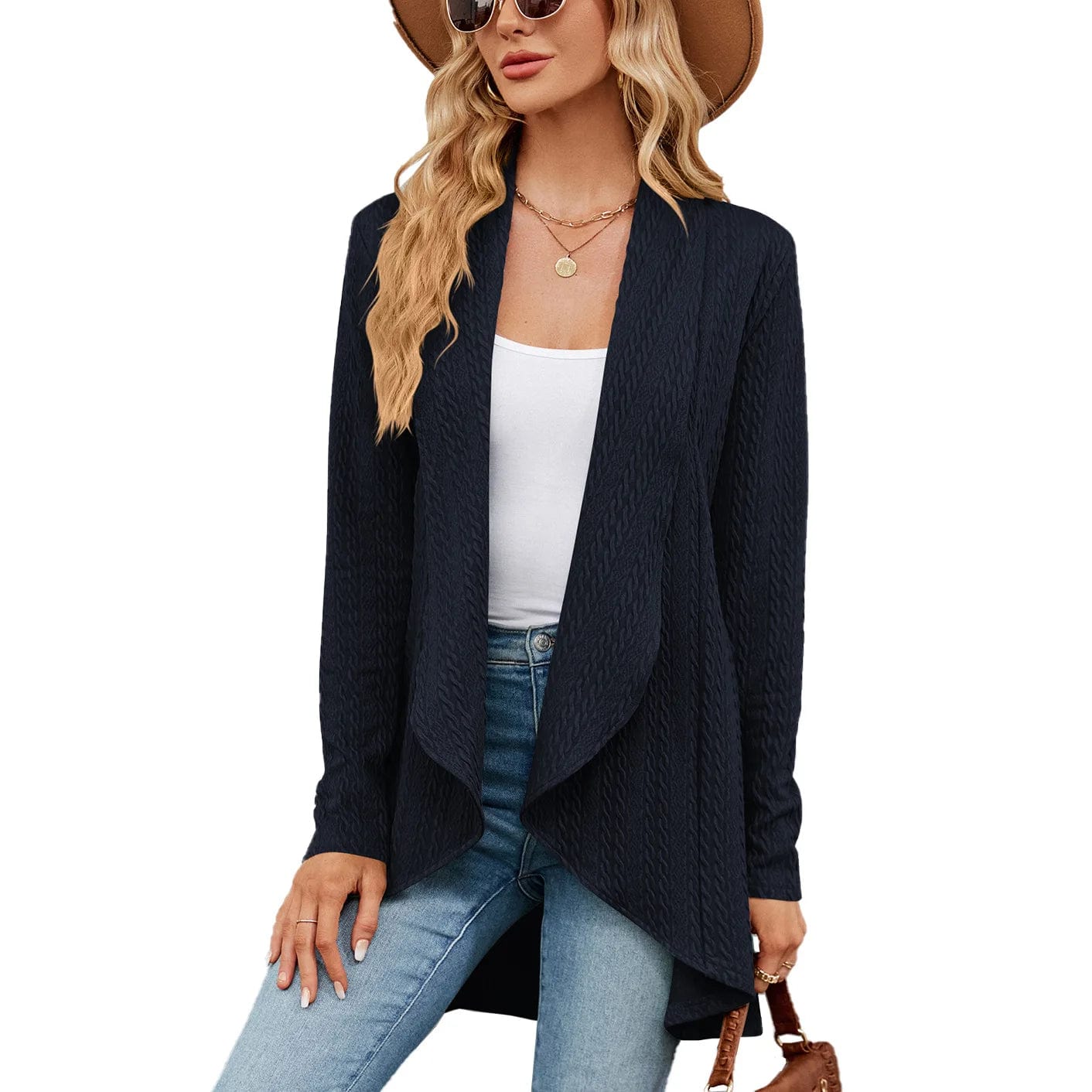 L / NAVY Fall 2023 women clothes  Autumn Fashion Women Ribbed Open Front Knit Cardigan For Woman