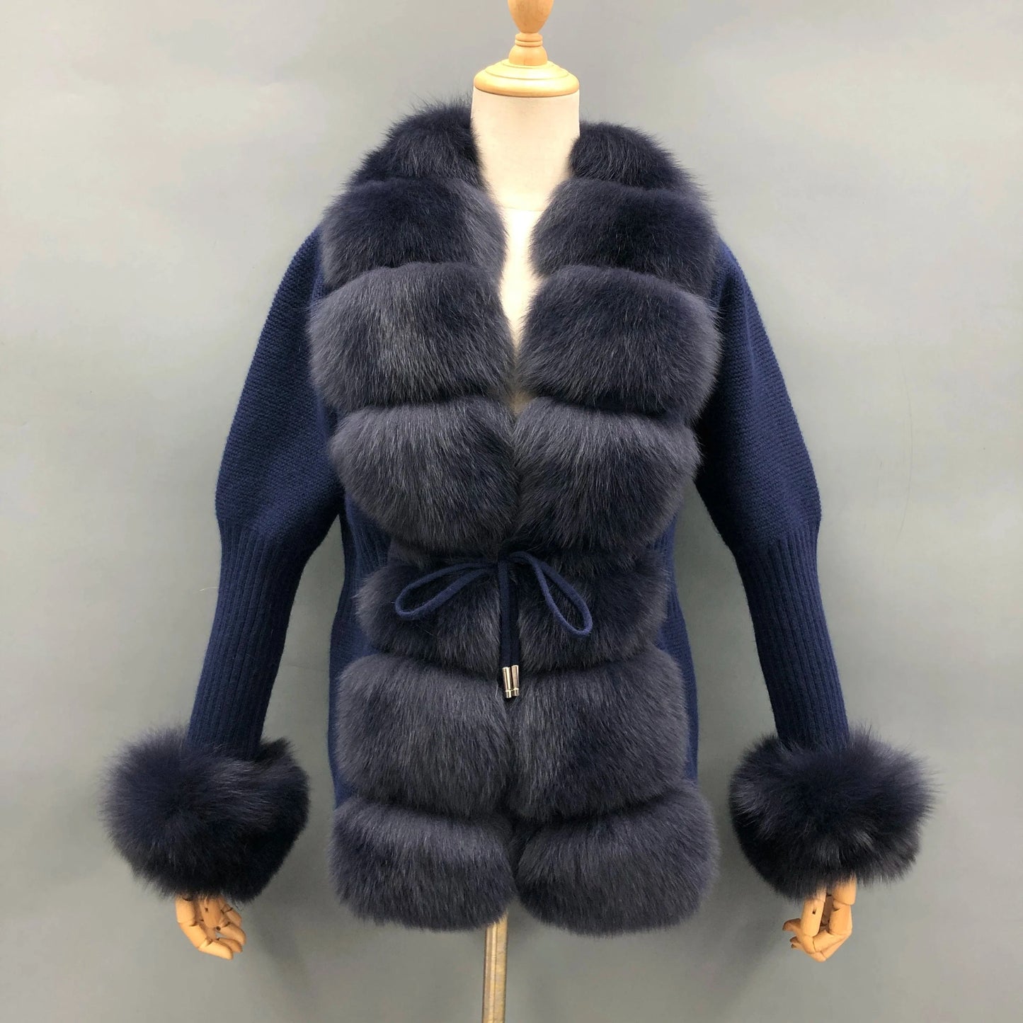 L / NAVY Wholesale Ladies Autumn Winter Knitted Fox Fur Trim Wool Fur Sweater