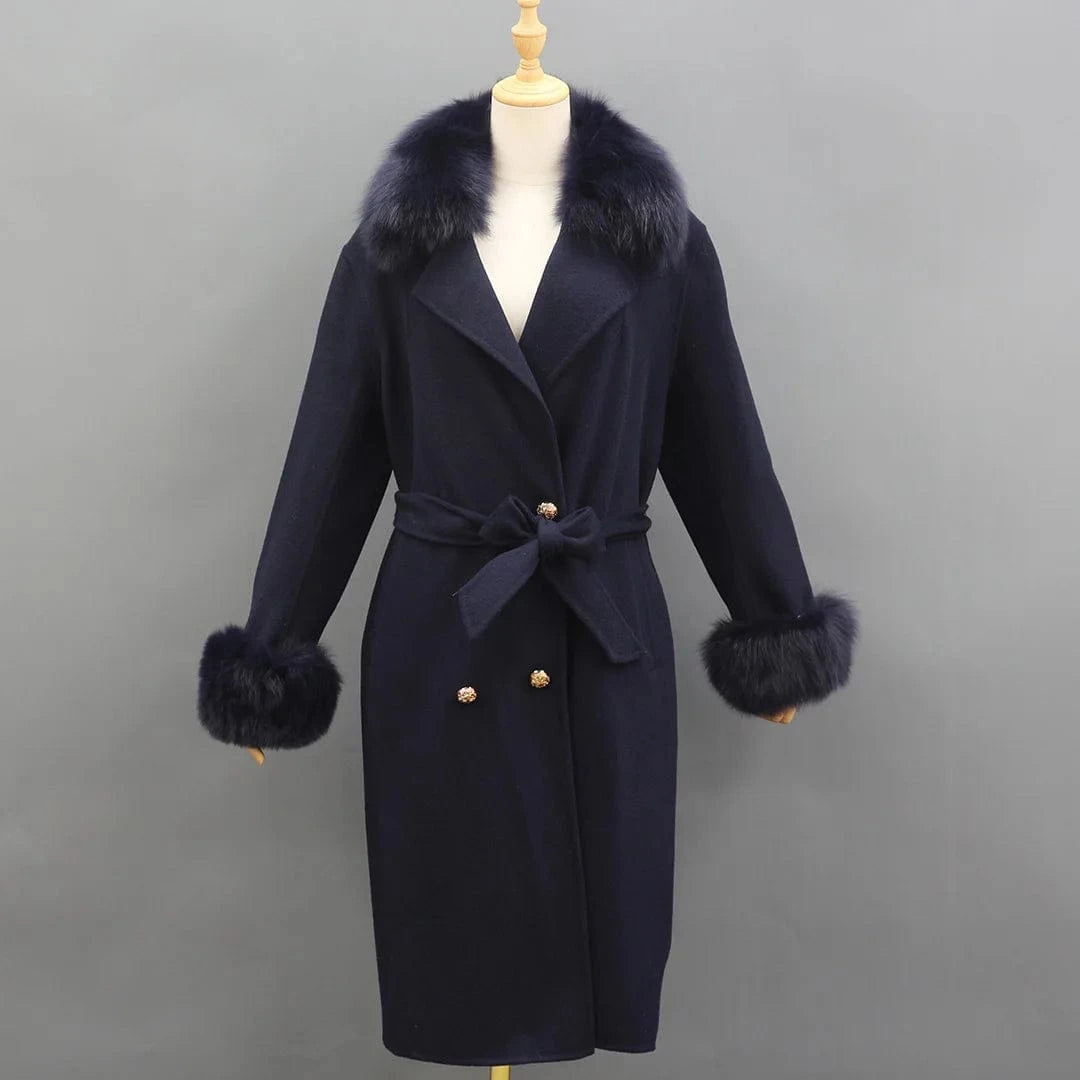 L / NAVY Winter Trend Real Fox Fur Collar Cashmere Wool Coat with Fur Cuffs