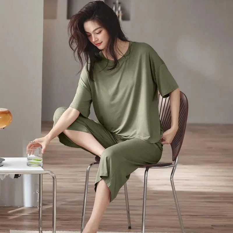 L / Olive Cozy modal spandex crew neck short sleeve t shirt with short two piece sets lounge wear live room wearing sleeve wear