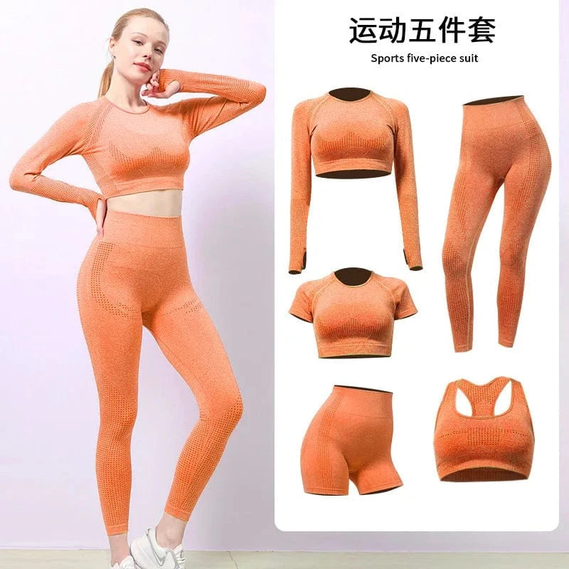 L / Orange 5 Piece Yoga sets Fitness Women Long Sleeve Crop Tank Top Outfit Bra Fitness Running Yoga legging short Active wear For women's
