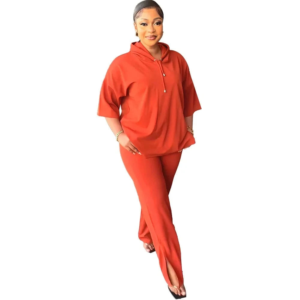 L / Orange African Lady Dashiki Sets Casual Loose Summer Autumn Outfit Half Sleeve Hooded Top + Long Split Pants Matching Suit