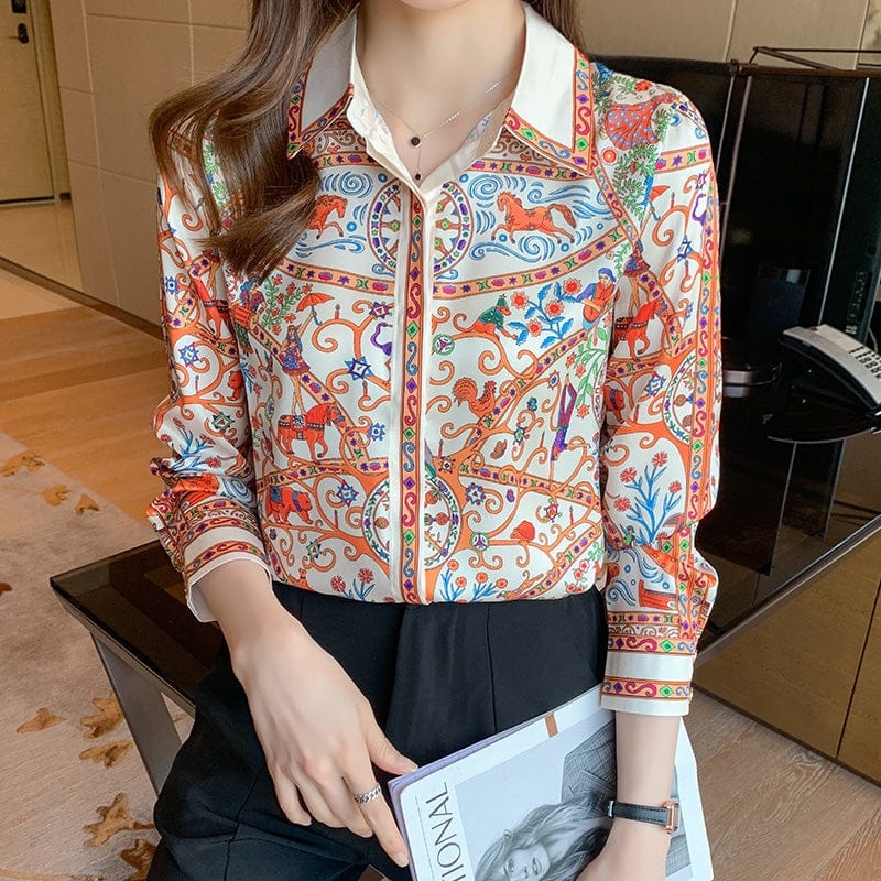 L / Orange Autumn Elegant Allover Patchwork Turn Down Collar Blouse Shirt Women Chic Office Shirts For Ladies