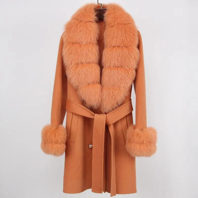 L / Orange Cashmere Coat Women's Mid-Length 2023 Autumn And Winter New Fox Fur Collar Slim-Fit Woolen Coat