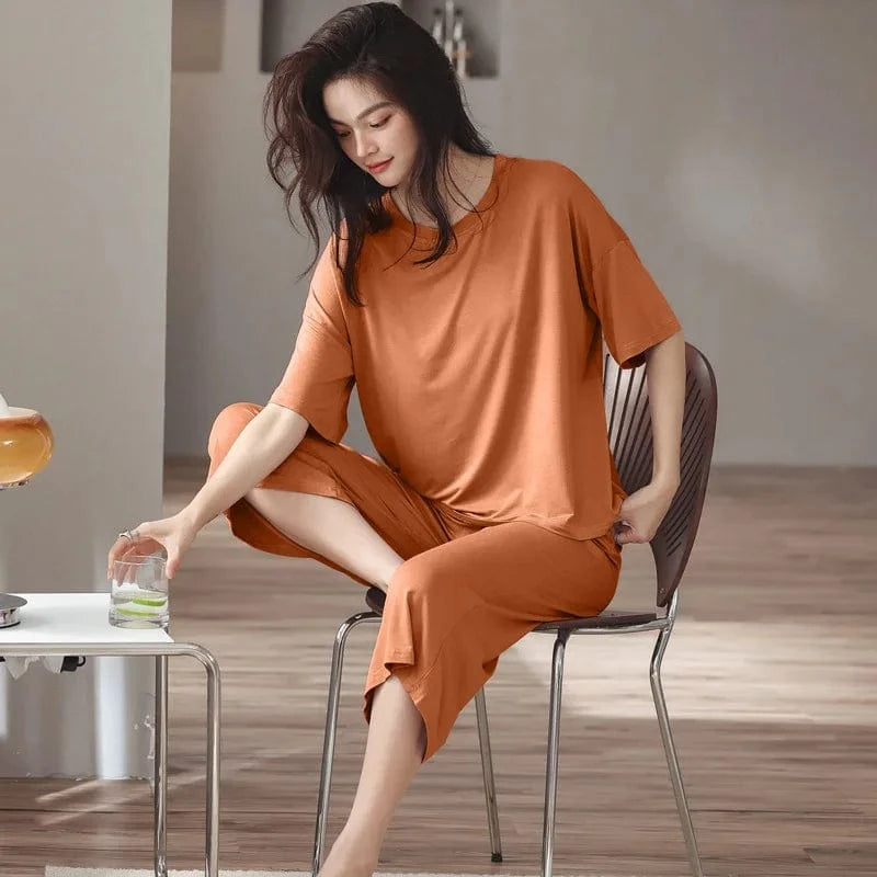 L / Orange Cozy modal spandex crew neck short sleeve t shirt with short two piece sets lounge wear live room wearing sleeve wear