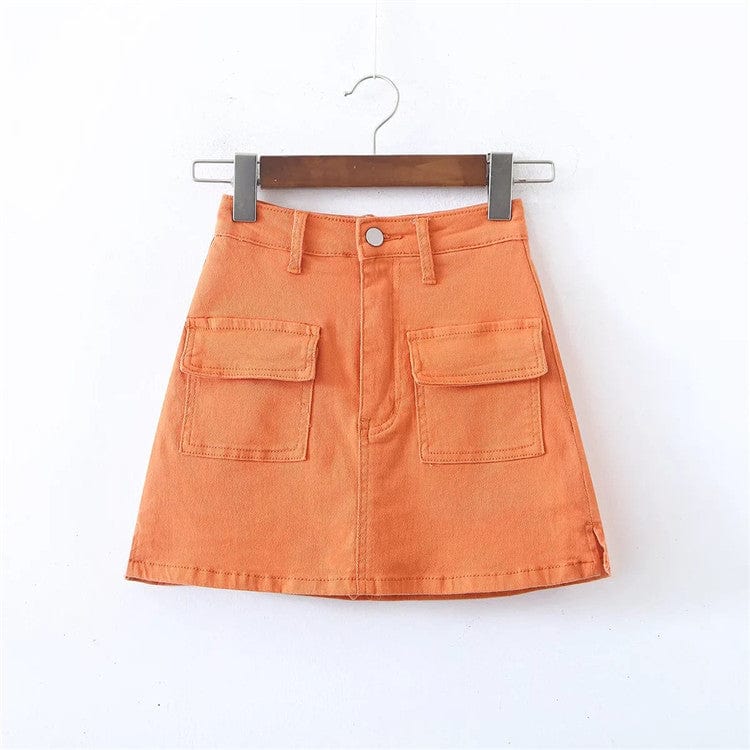 L / Orange Denim Cargo Mini Skirt Women Women Pocket Harajuku Jean A-line Skirts Streetwear