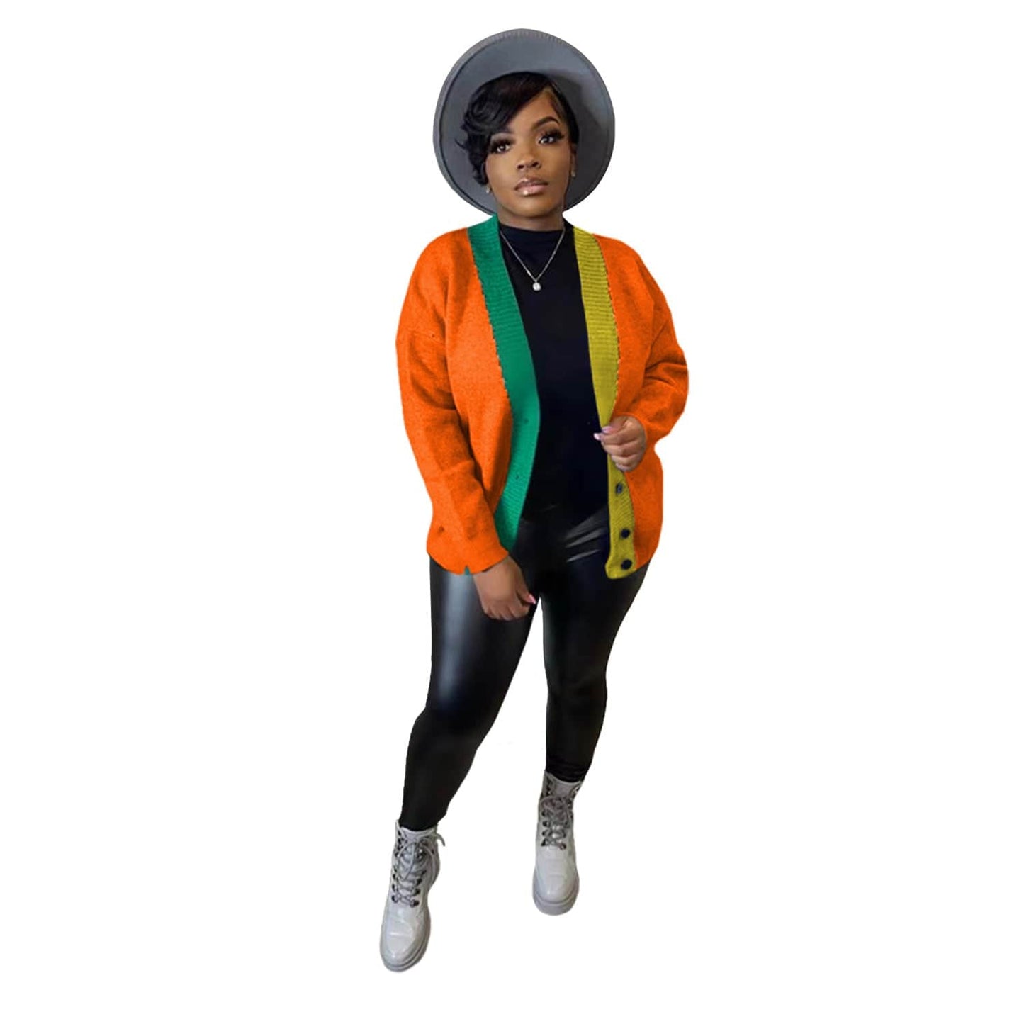 L / Orange Ladies Trendy  Winter Womens Patchwork Knitted Coat 2022 Casual Cardigan Coats  for Autumn Women Clothing