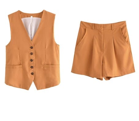 L / Orange New Women'S V-Neck Single-Breasted Sleeveless Vest Top Pleated Casual Shorts Set