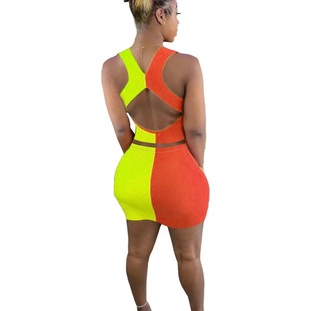 L / Orange Patchwork Skirt 2 Piece Women Matching Back Cut Out Mini Set Dress Tank Top Skirt Set Women Clothing Summer Knit Top Skirt Set