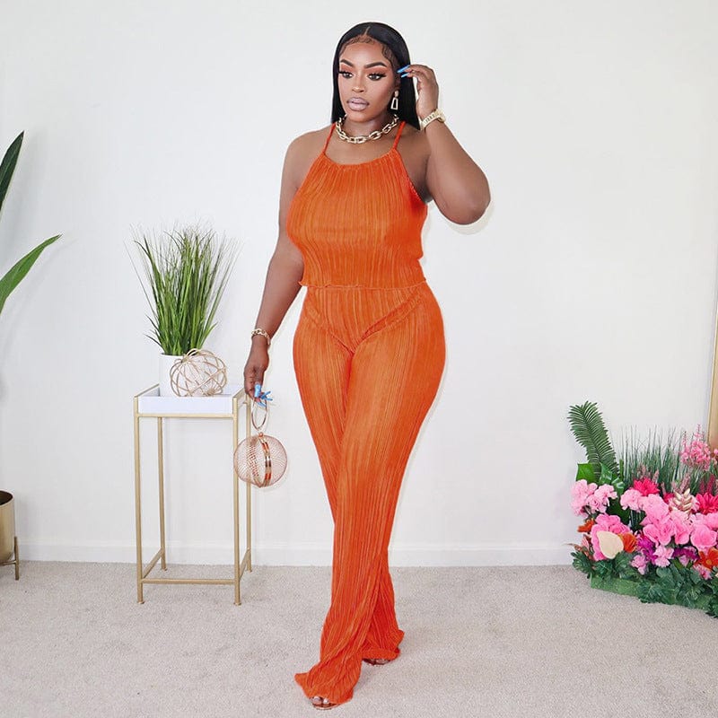 L / Orange Pleated Set 2 Piece Woman Outfits Summer Solid Color Boho Flared Pants Set Women Two Piece Set Crop Top and Pants Pleated