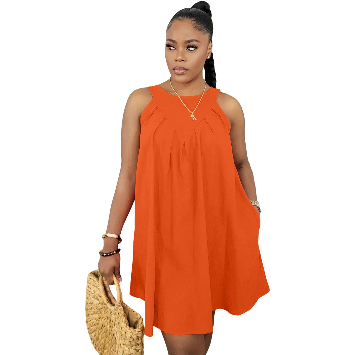 L / Orange Popular Clothing 2022 New Sleeveless Solid Color Sleeveless Cotton Pocket Loose Dress