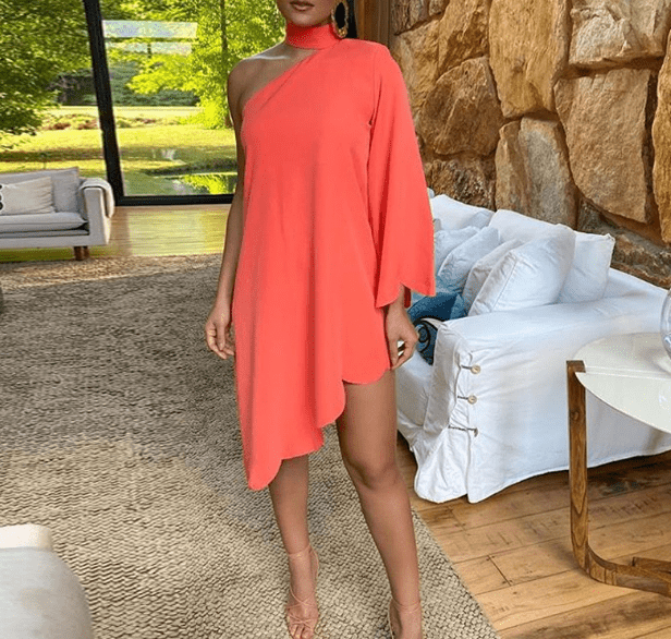L / Orange Red Autumn Fashion Loose One Shoulder Irregular Length Women Club Party Dresses