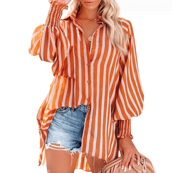 L / Orange S-XL Beach Resort Sunscreen Cover Fashion casual mid length striped shirt Single breasted cardigan with pockets