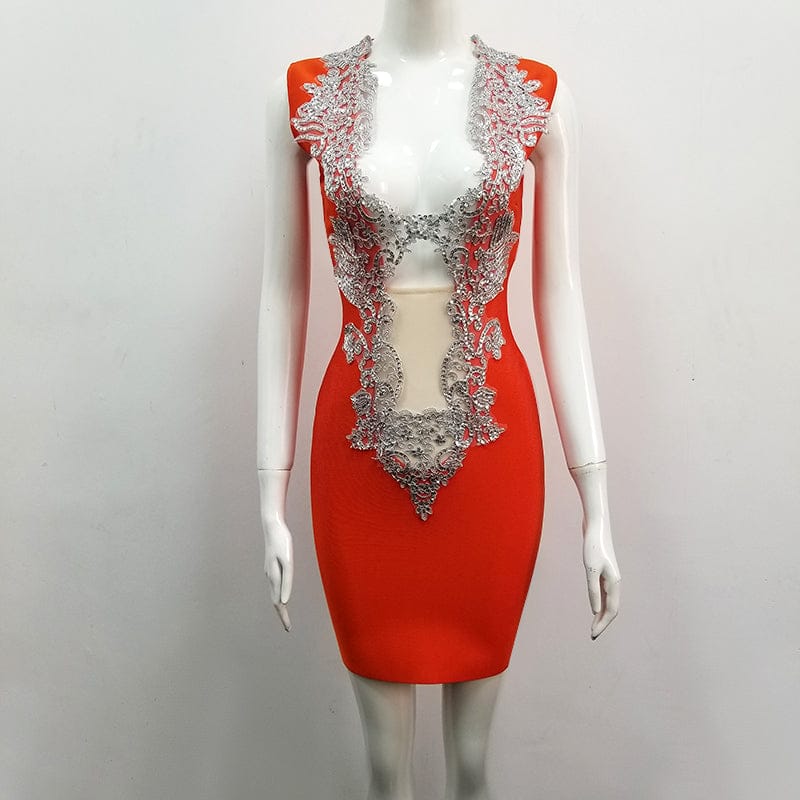 L / Orange Top Quality Front Deep V-neck Hollow Out Slip Rayon Bandage Dress Night Club Party Dress