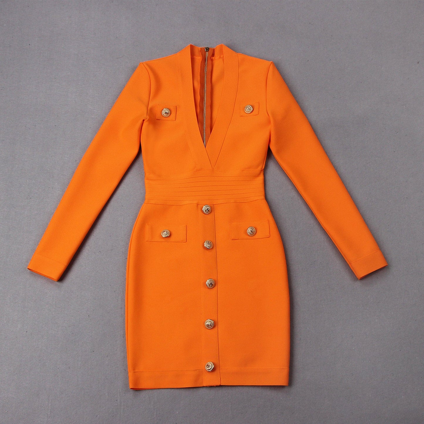 L / Orange White Women Bandage Deep V-Neck Buttons Mini Dresses Office Long Sleeve Evening Party Clothing