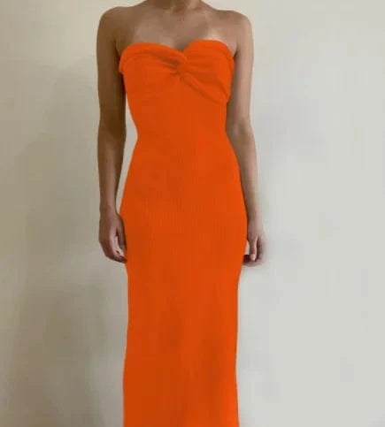 L / Orange Wholesale Knit Solid Strapless Bodycon Dress Sexy Streetwear Night club Party Asymmetric Strapless Ruched Ruffle Tube Dress