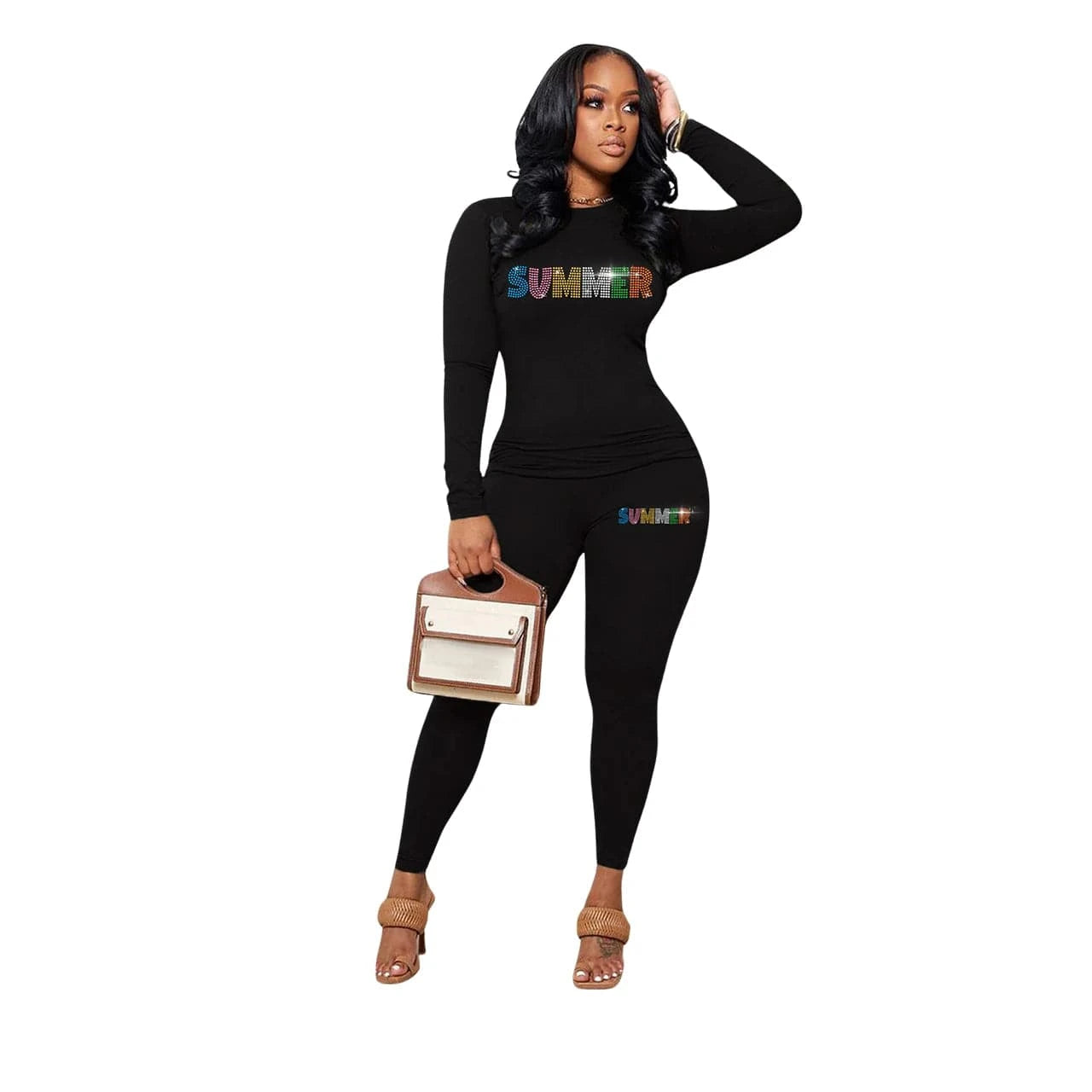 L / Other Crewneck T-shirt, long-sleeved leggings, Valentine's Day LOVE, hot diamond series, casual two-piece set