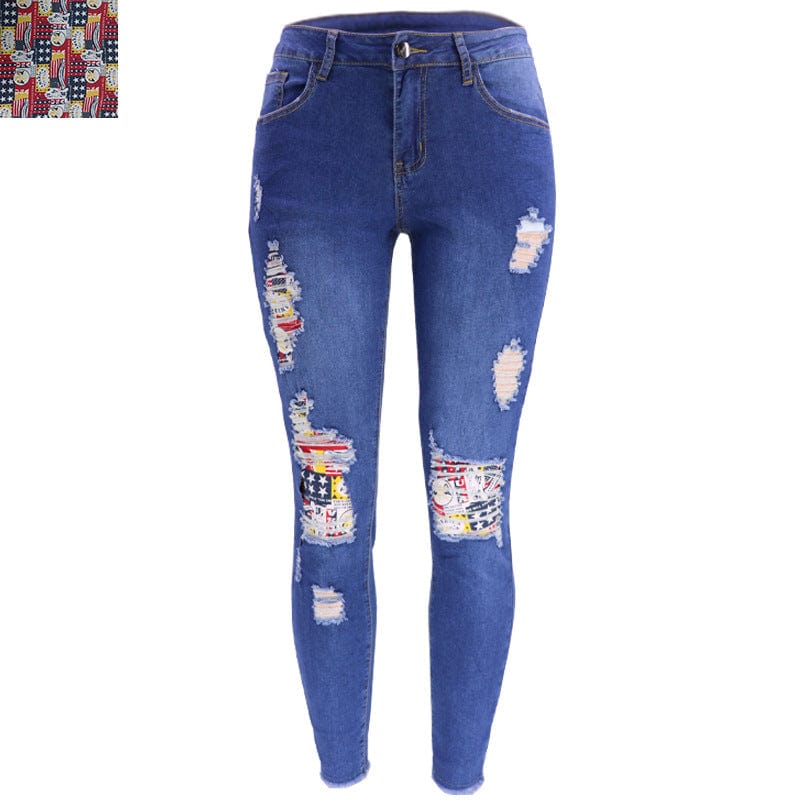 L / Patchwork -Dark Blue 9136 New fashion spring fall 2023 women clothes casual floral patches ladies denim trousers ripped jeans legging women's jeans