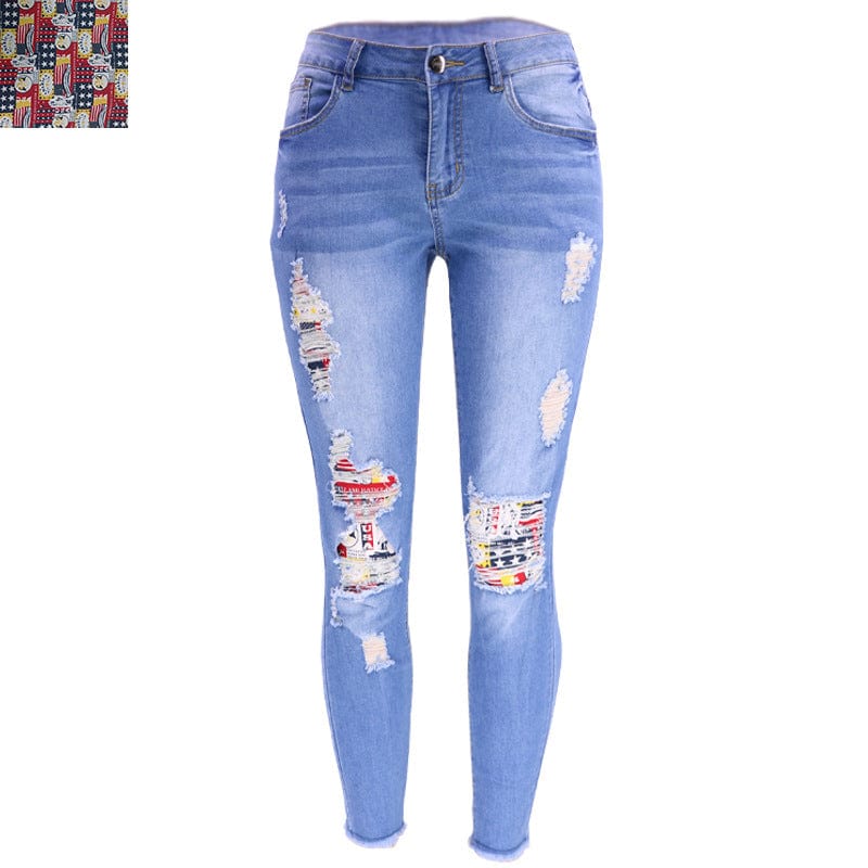 L / Patchwork -Light Blue 9136 New fashion spring fall 2023 women clothes casual floral patches ladies denim trousers ripped jeans legging women's jeans