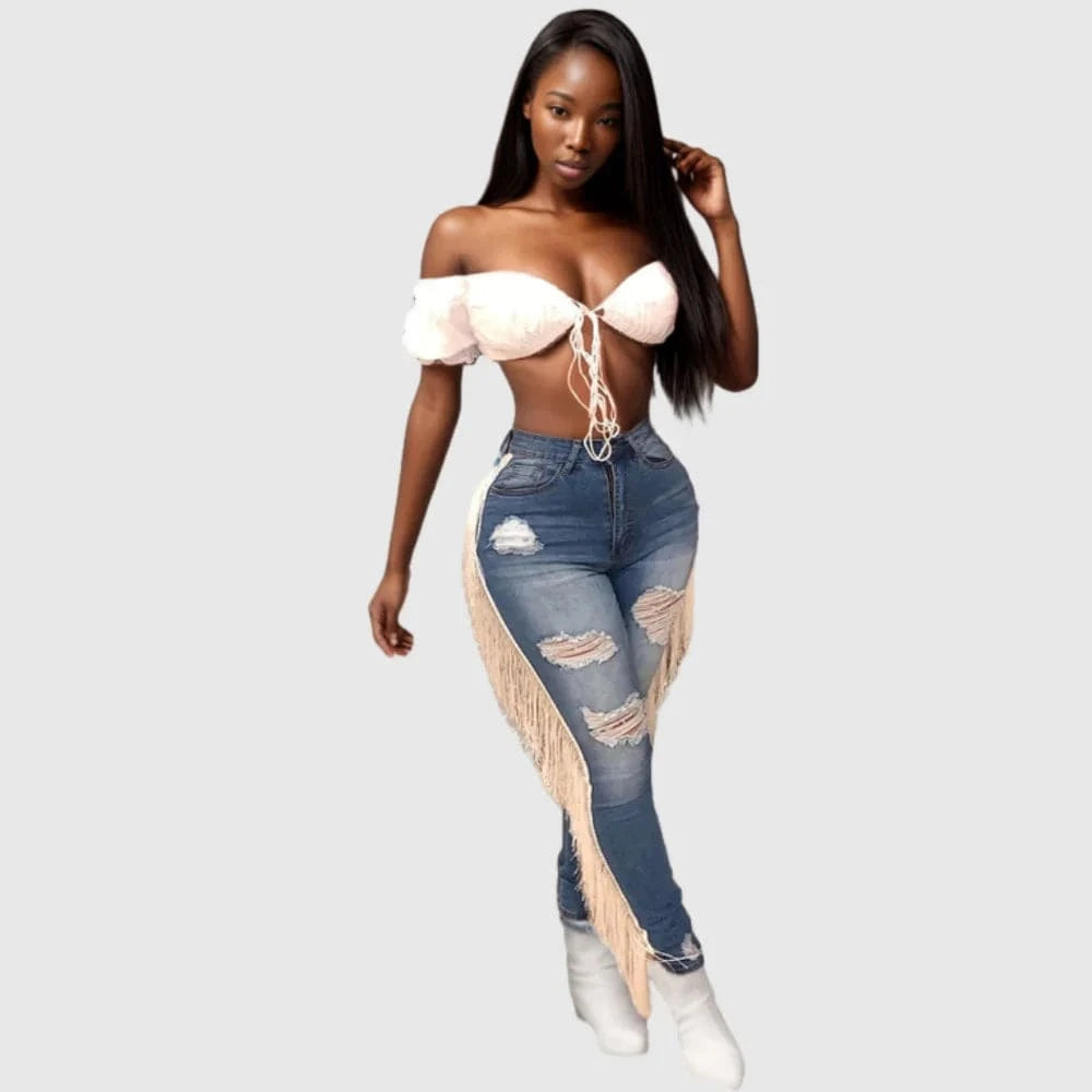 L / pic 1 90821-MX6 new design tassel style denim ripped jeans women 2019