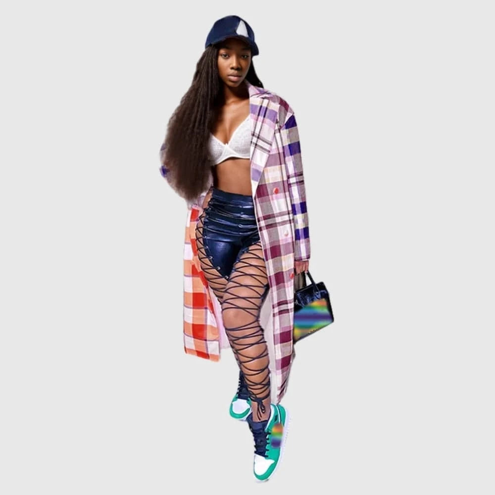 L / pic3 21009-MX29 casual contrast colorful plaid suit long coat women sehe fashion