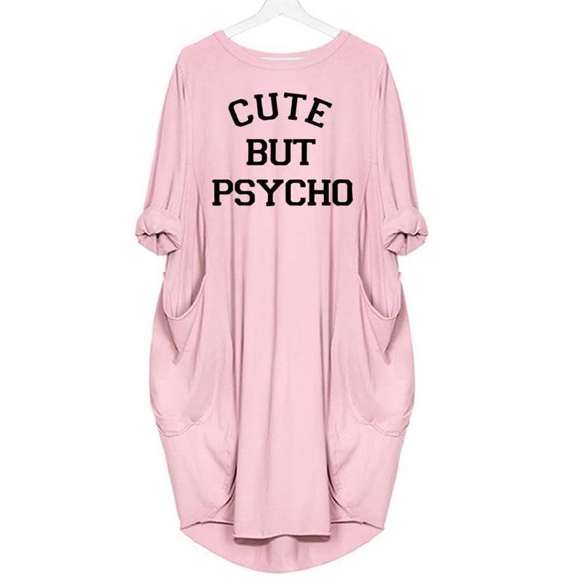 L / Pink 100% Premium Cotton Pocket Dress Cute But Psycho Letters Print Dress Beach Summer Women Maxi Vestidos Mujer Cheap Clothes China