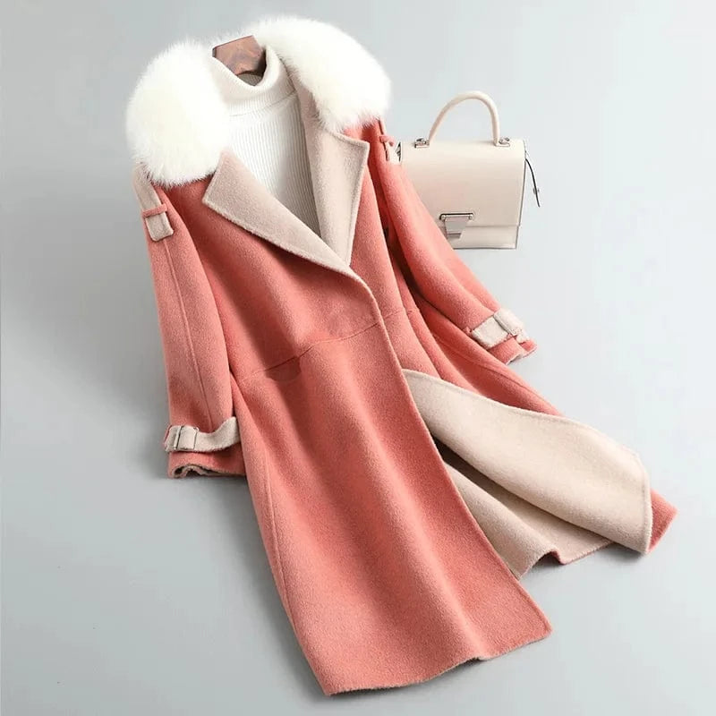 L / Pink 2022 Women Long Length Wool Coat Korean Cashmere Winter Coat With Fox Fur Collar