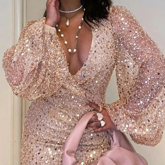 L / Pink 2023 New European And American Women's Dress Long Sleeve Deep V Sequin Hip Skirt