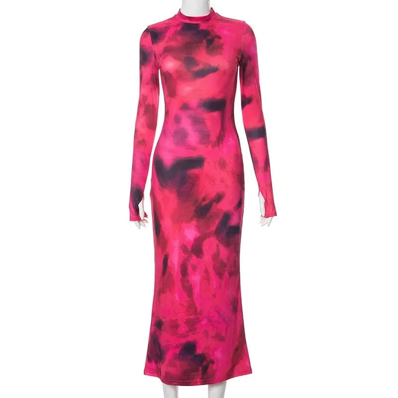 L / Pink 2024 New spring female Casual dress round neck long sleeve stretch tie dye woman long dress