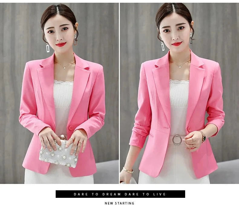 L / Pink 297RX Spring Autumn Korean Stylish Women Long sleeve Slim Blazer Casual large size Pink Blue Black Mujer Office Suits Jackets Coat