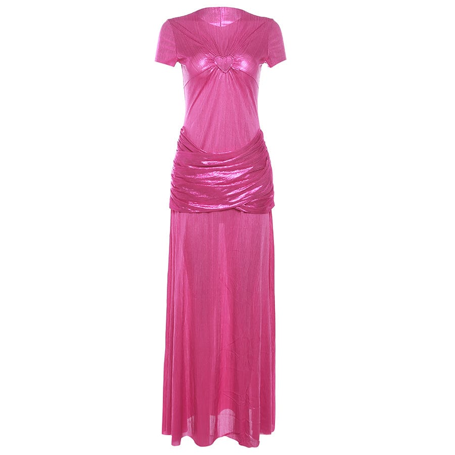 L / Pink 34463 Shiny Vintage Dress Elegant Lady Party Prom Wear Maxi Dresses Women