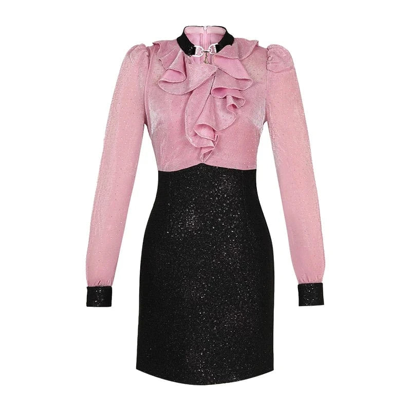 L / Pink and black ZYHT 21032 French Flounce V-Neck Shiny Pink and Black Dress Cut-out Slim Fit Straight Dress with Diamonds