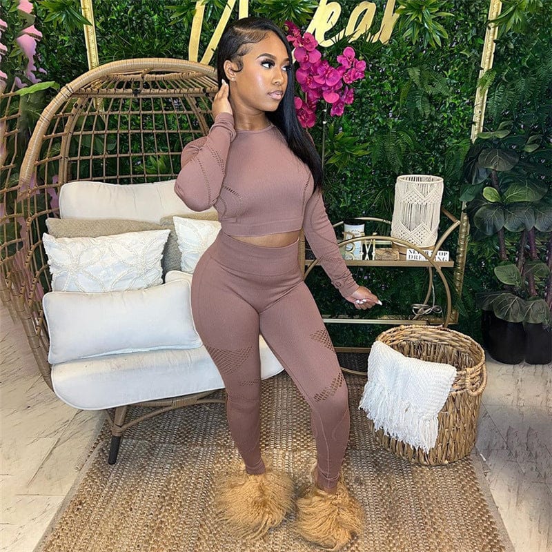 L / Pink C1713 New hollow out long sleeve top high waist tight stretching yoga pants suit women